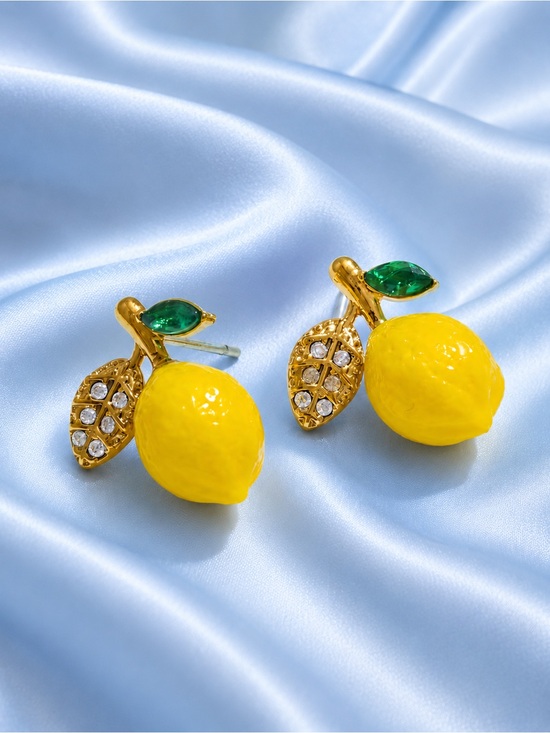 Anthropologie Jewelry - Gold Lemon Drop Earrings with Yellow Enamel and Green Crystal Leaf